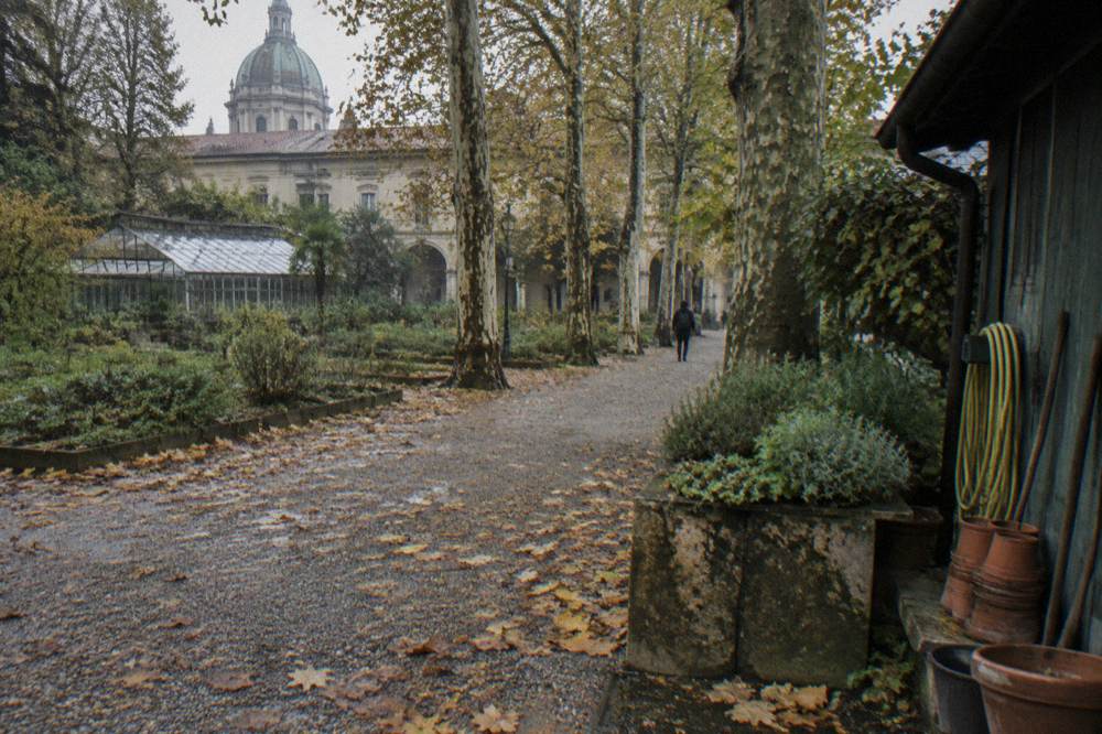 A quiet gravel path in the Orto Botanico di Brera with tall trees and old stone planters