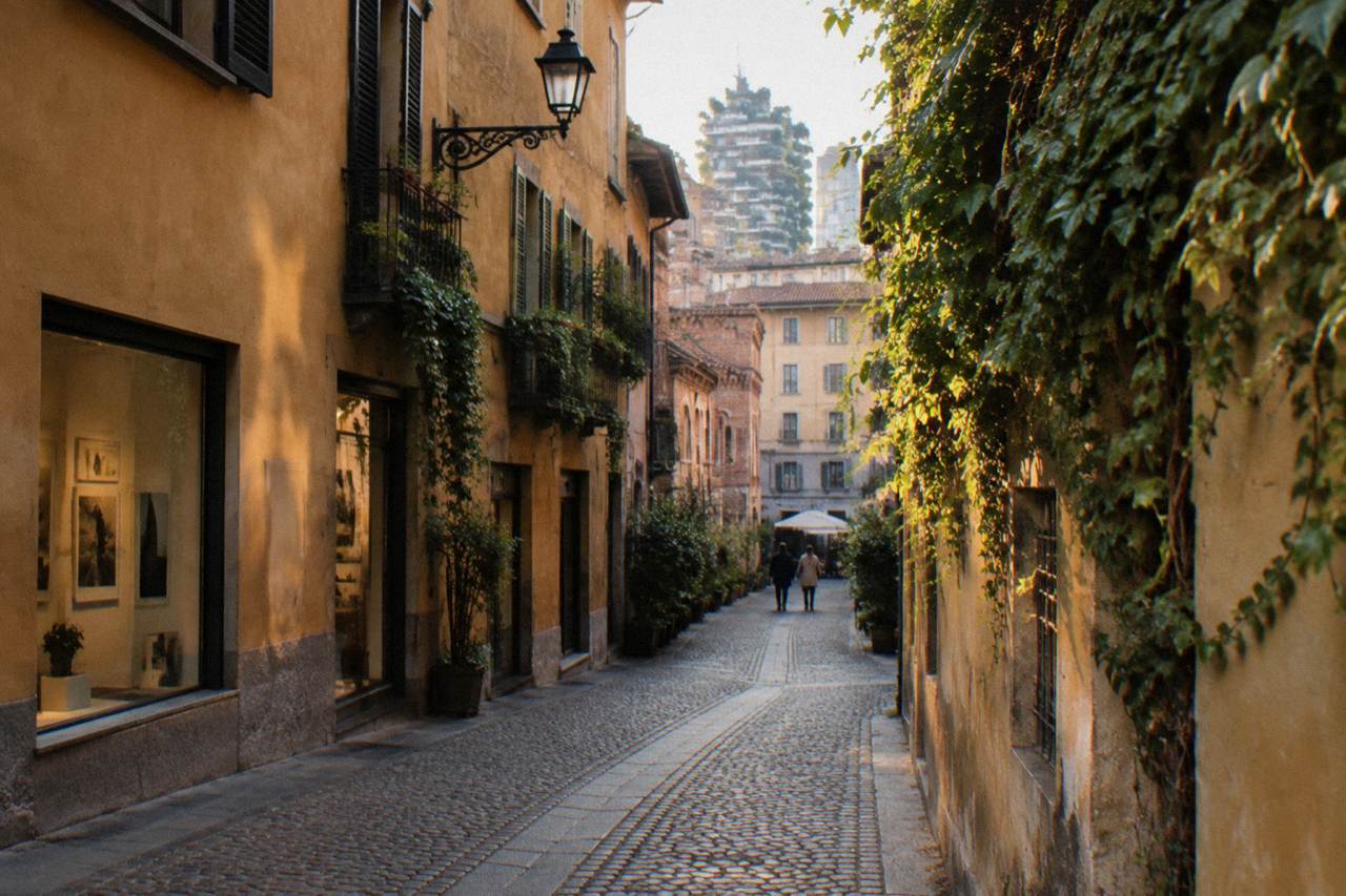 A narrow cobbled street in the Brera district, lined with ochre buildings, small galleries and a vintage lamp