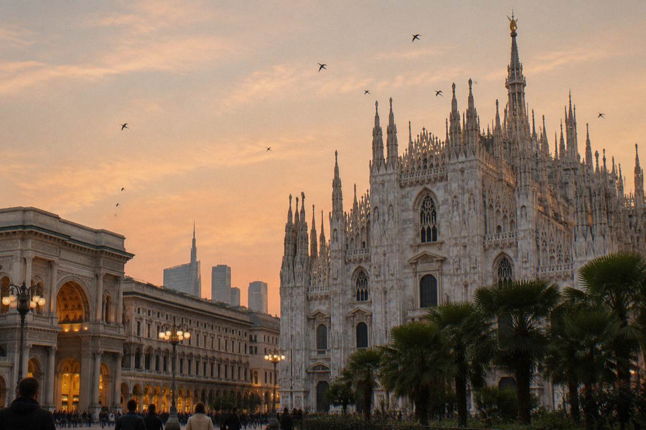 Milan skyline with the Duomo di Milano spires rising above rooftops in evening light