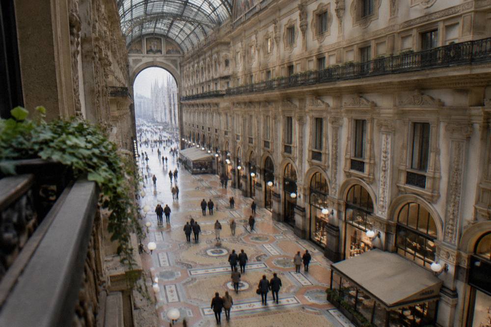 Interior of the Galleria Vittorio Emanuele II glass dome and mosaic floor seen from a balcony