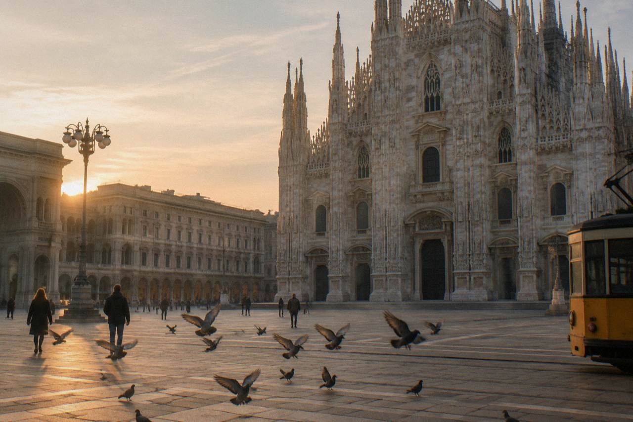 Milan Cathedral facade rising above the piazza at golden hour