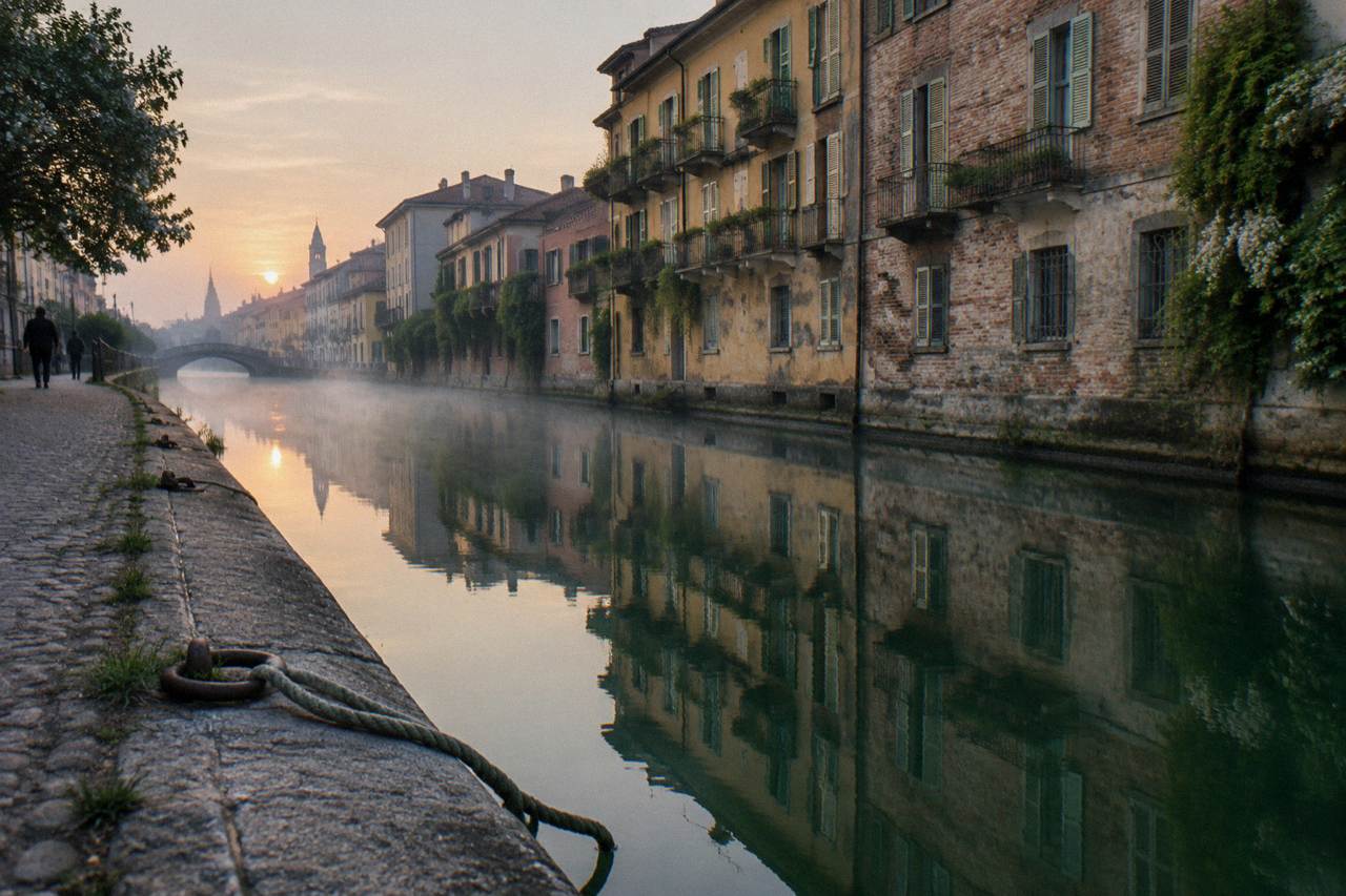 Old canal-side buildings with shutters reflected in the still water of the Naviglio Grande