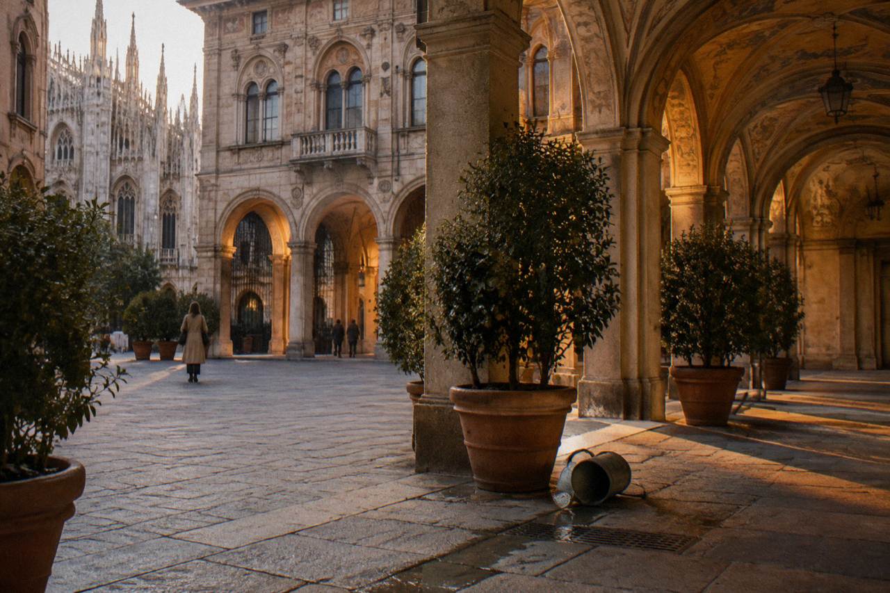 Frescoed interior courtyard of a historic Milan palace with stone arches and warm evening light