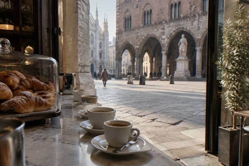 A Milan café counter in the morning, espresso cups in a row on saucers, pastries under glass, and a barista pulling a shot behind the till.