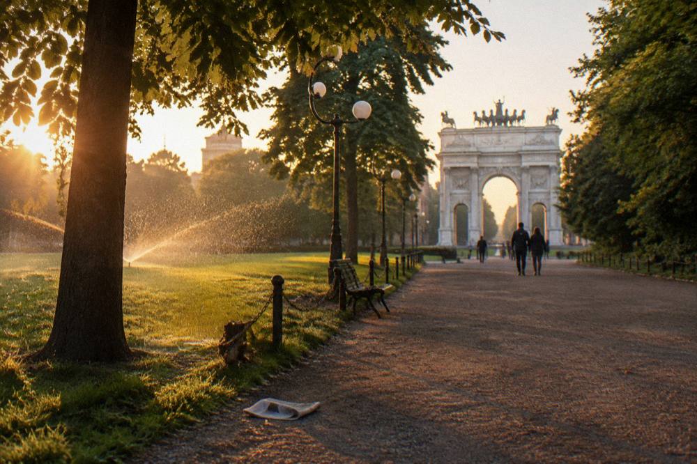 Golden evening light over a city park with trees and a distant arch monument