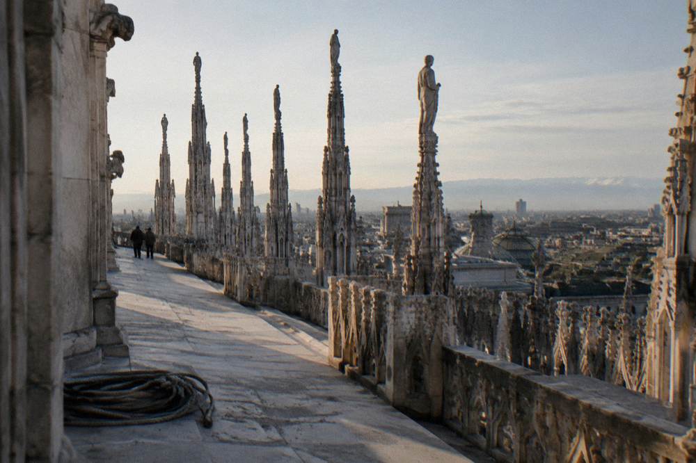 Duomo rooftop terraces and spires above Milan
