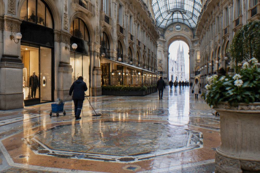 Galleria Vittorio Emanuele II glass arcade interior with marble floors and vaulted ceiling