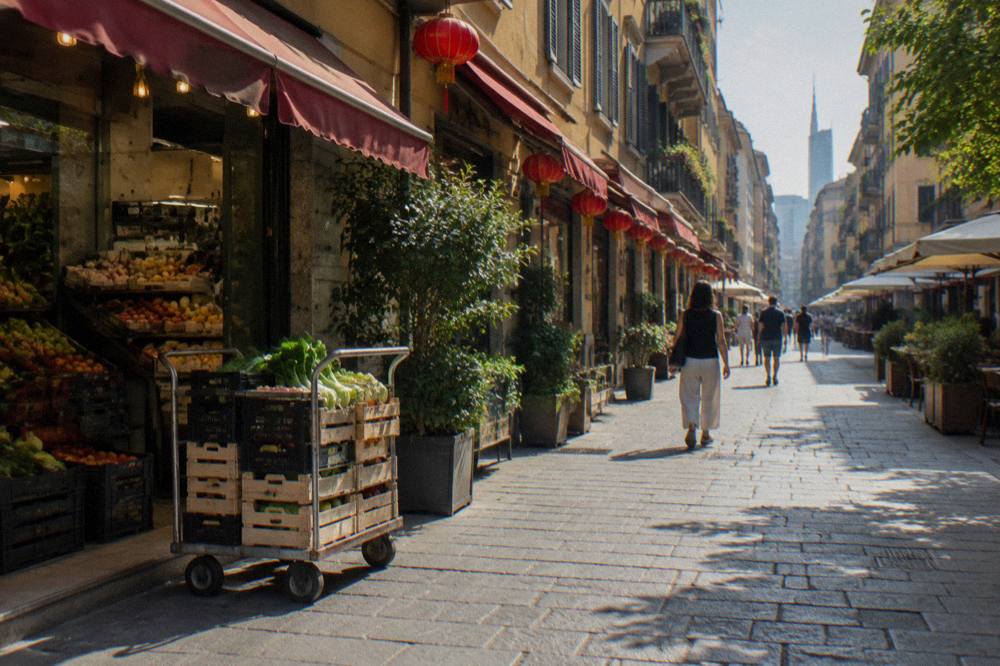 Pedestrian street scene on Via Paolo Sarpi with awnings and storefronts under a clear sky.