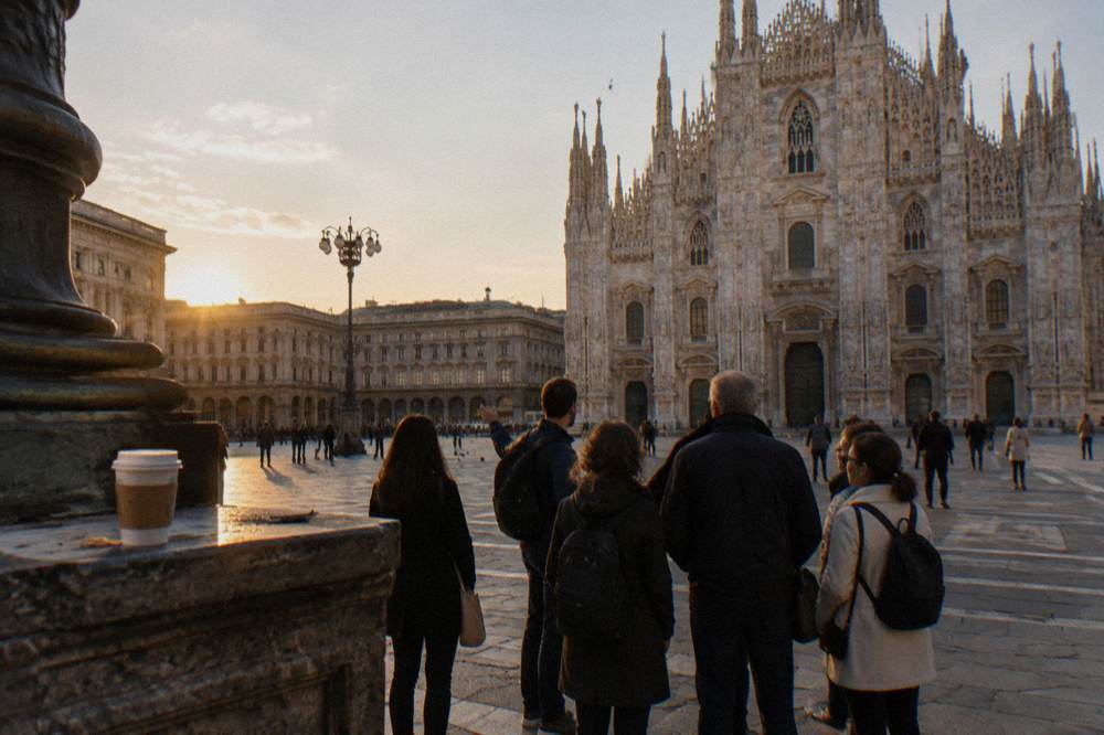 Walking tour group gathered on a Milan square near the Duomo with historic facades behind.