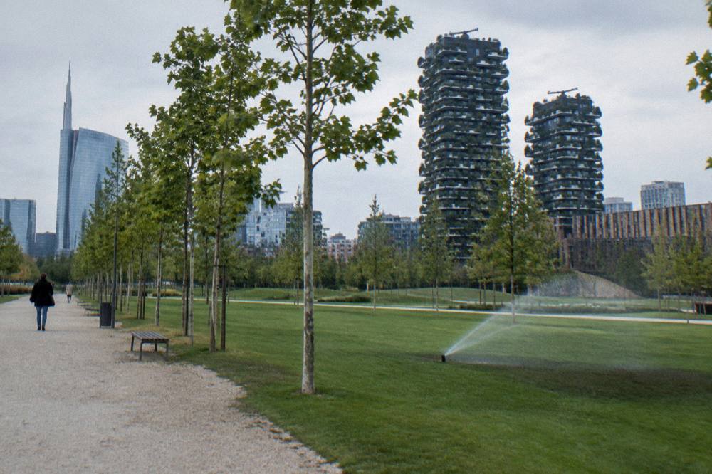 Tree-lined Milan street with modern residential towers rising behind older buildings.