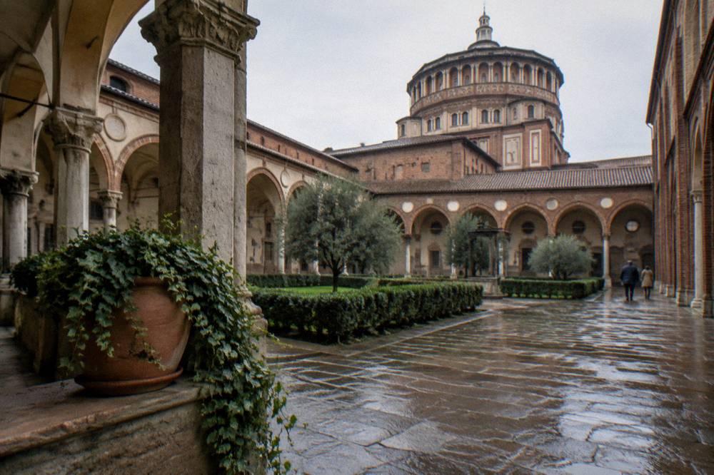 Renaissance cloister courtyard of Santa Maria delle Grazie with arched walkways