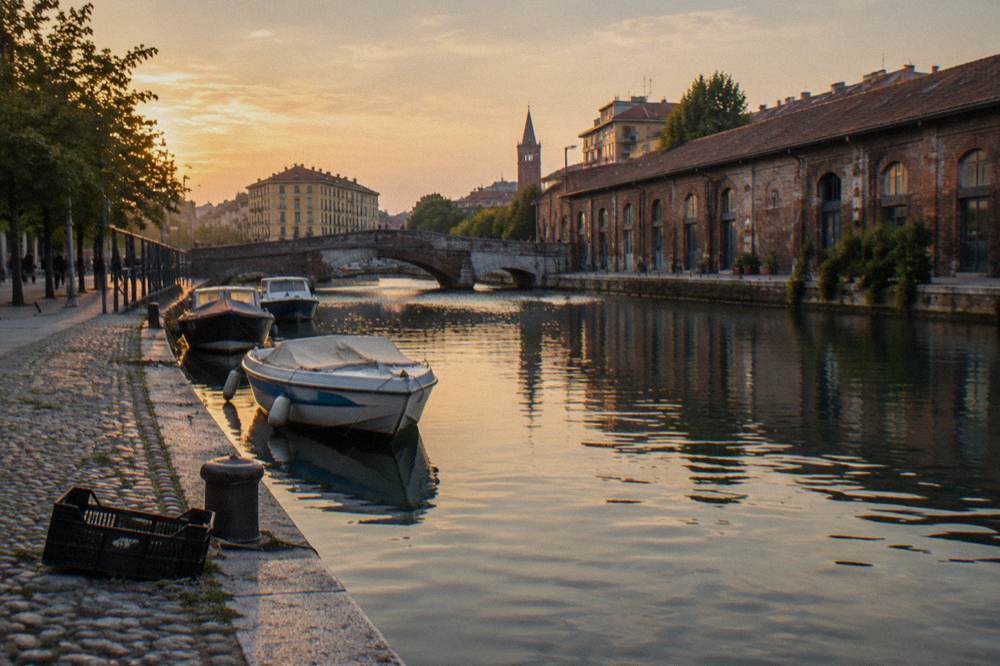 A Milan canal with low brick buildings along the water, an old stone bridge and moored boats in late afternoon light
