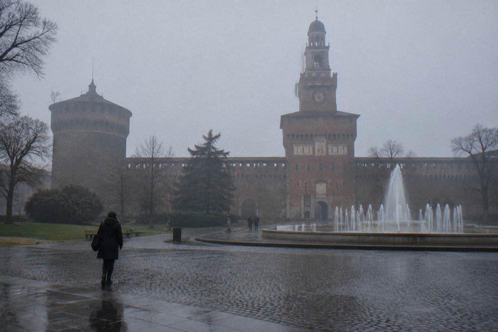 Sforza castle brick towers and central tower above the fountain square